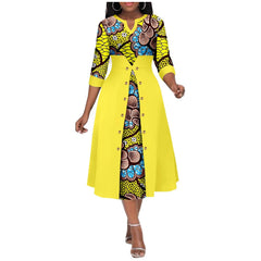 Africa Ankara Printed Fabric Women's Dress V Neck Sexy Double Hem Splicing Clash Color Model Skirt 2425190 SHOWLU FASHION STORE