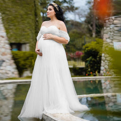 Pregnancy Dresses Maternity Photo Shoot Maxi Gown Off Shouder Lace Mesh Women Clothing for Baby Shower Photography Props