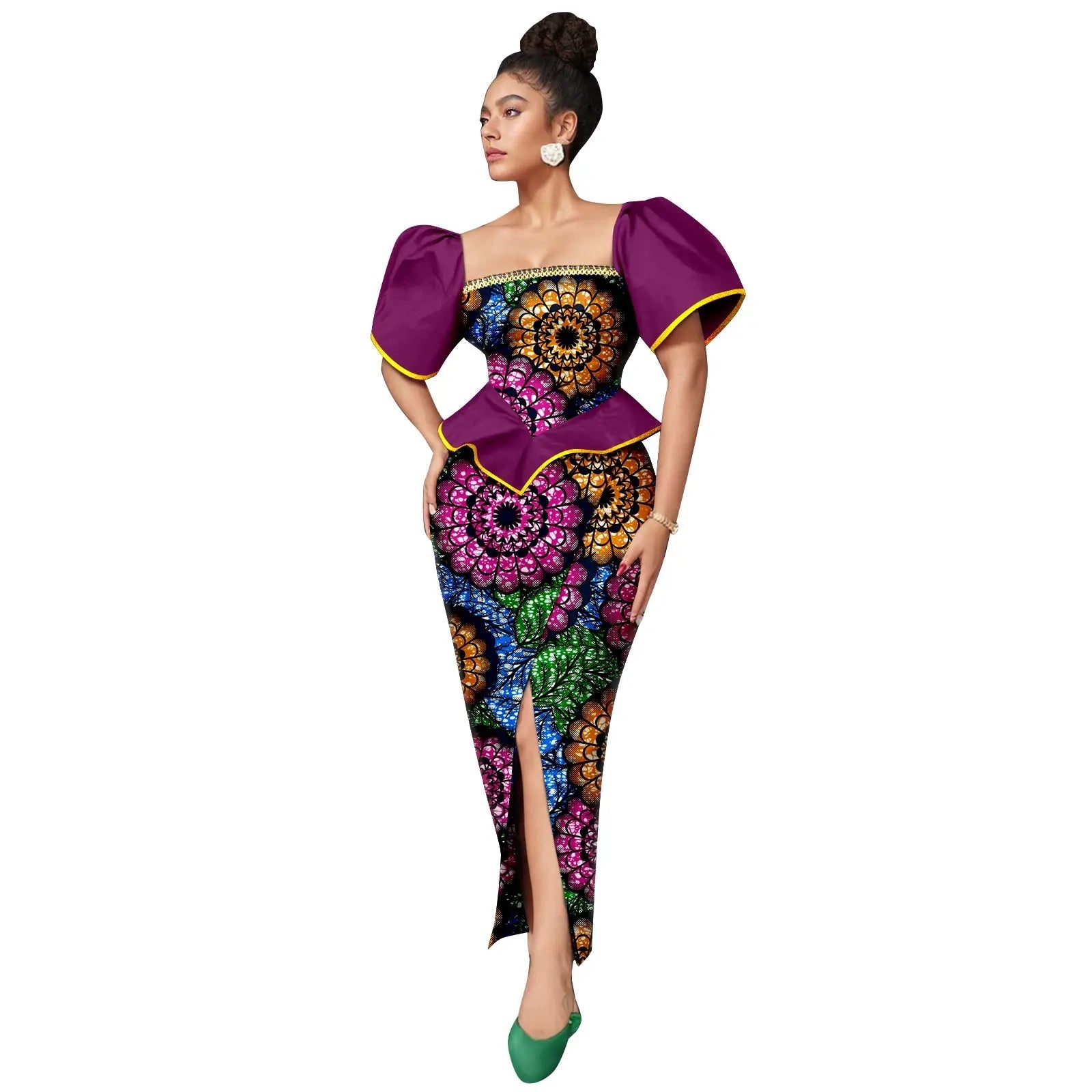 Africa Ankara Printed Women's Dress Short Sleeve Patchwork Square Neck Bubble Sleeve Split Dresses 2425186 SHOWLU FASHION STORE