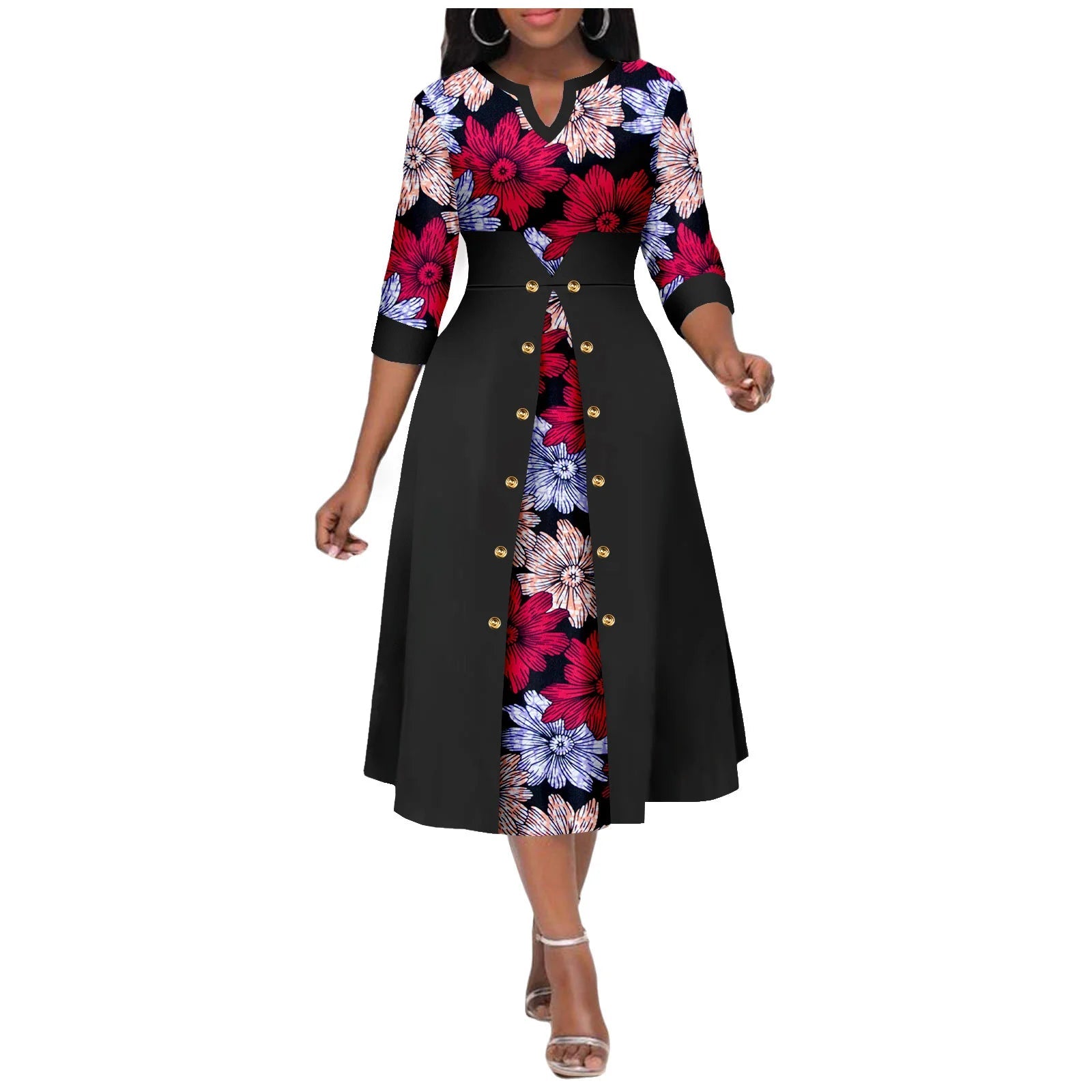 Africa Ankara Printed Fabric Women's Dress V Neck Sexy Double Hem Splicing Clash Color Model Skirt 2425190 SHOWLU FASHION STORE