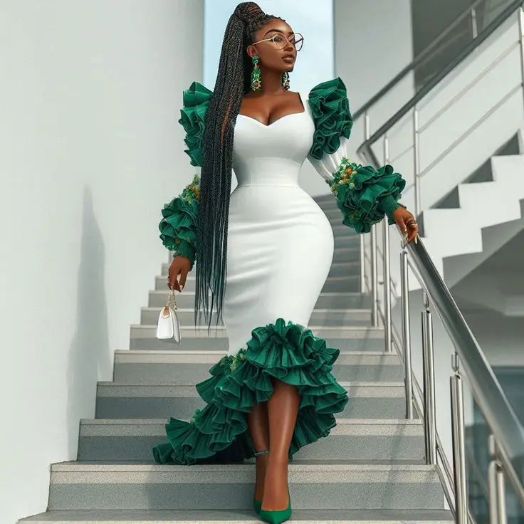 Couture Stretchy Asymmetrical African Women Dresses With Ruffles Trimmed Details Floral Long Maxi Gowns To Party SHOWLU FASHION STORE