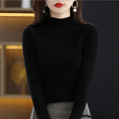 Temperament Pleated Pullover Sweater For Women Long-Sleeve Female S-2XL Siz Half High Collar Underlay Sleeve Sweater Slim Fit SHOWLU FASHION STORE