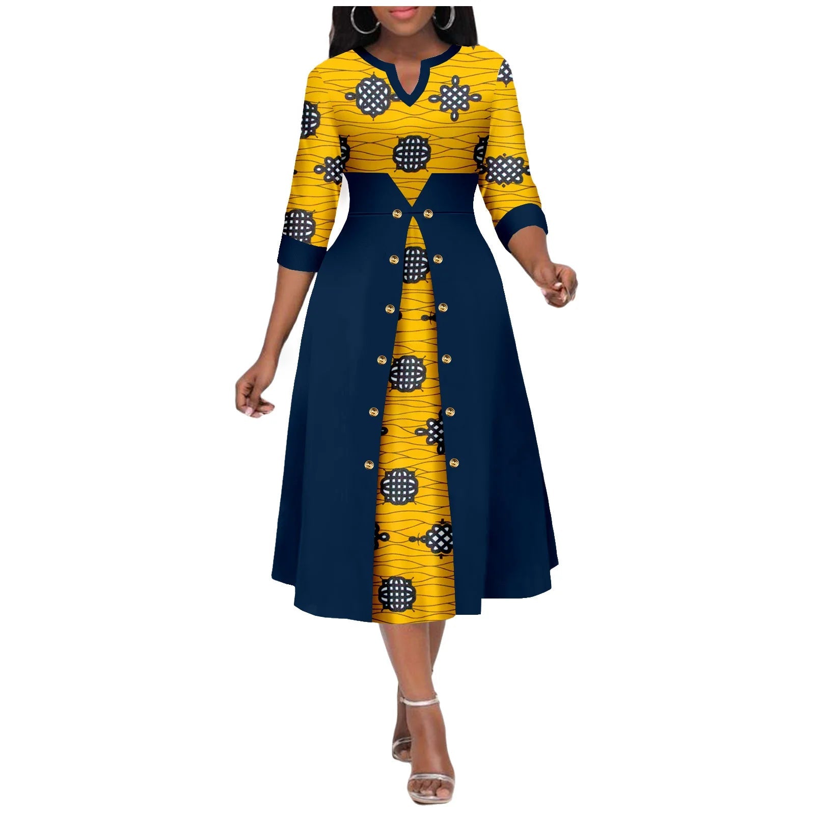 Africa Ankara Printed Fabric Women's Dress V Neck Sexy Double Hem Splicing Clash Color Model Skirt 2425190 SHOWLU FASHION STORE