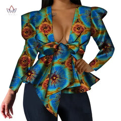 Africa Style Women Modern Fashion Women Tops Dashiki African Print Tops Shirt Sexy V Neck Women Clothing Long Sleeve Coat WY5782