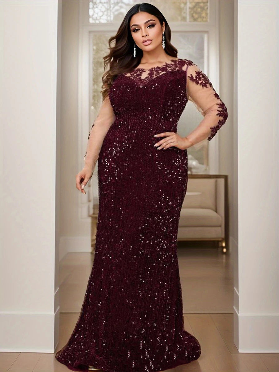 Blue O Neck Sequin Formal Evening Dress Long Sleeves See-through Mesh Stretchy Floor Length Women Party Elegant Wedding Dresses SHOWLU FASHION STORE