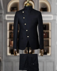 Fashion Stand Collar Men Suits 2 Piece Formal Single Breasted Smart Casual Outfits Solid Color Chic Wedding Party Slim Male Suit
