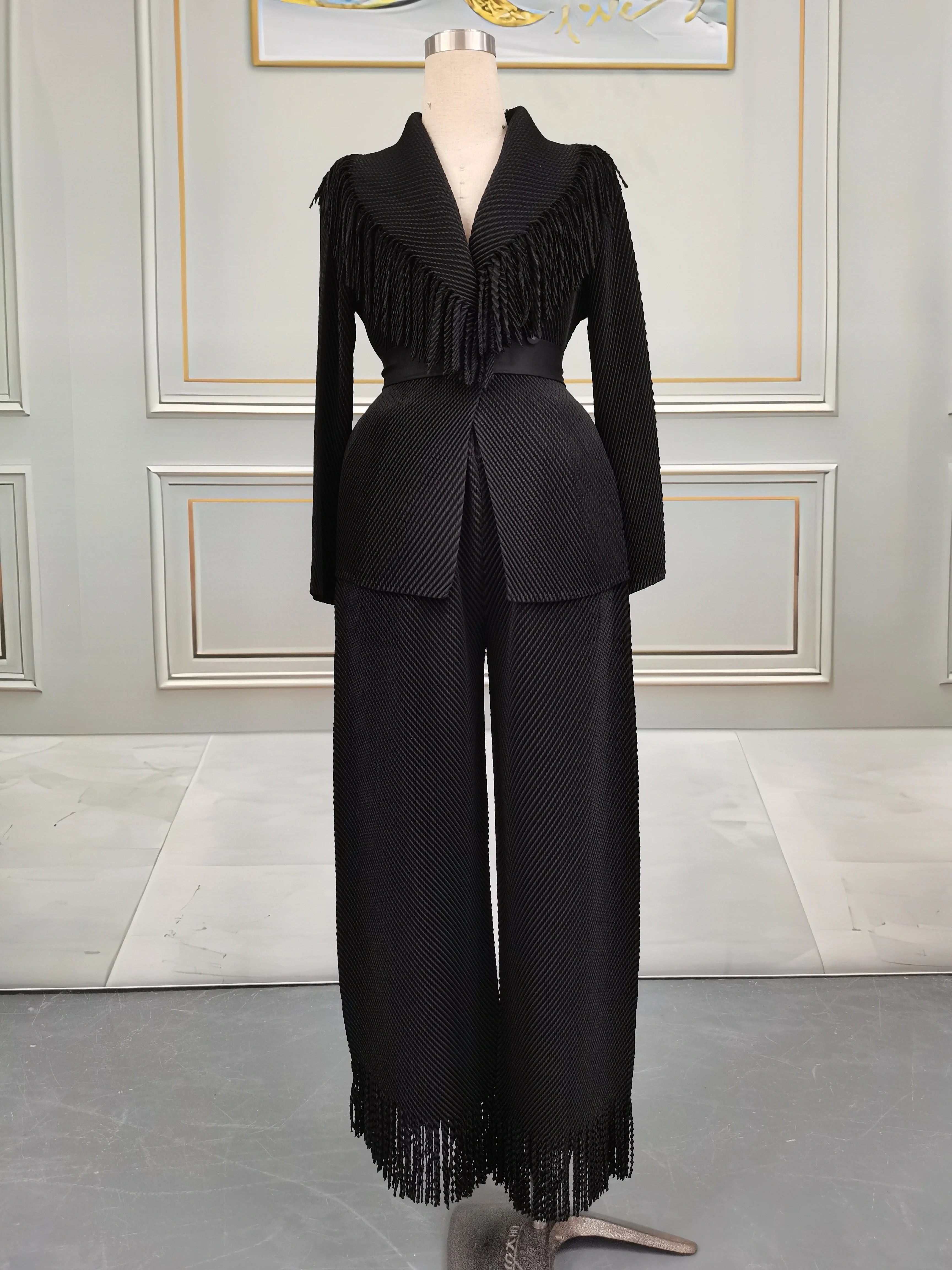 Miyake Folds Fall/Winter 2024 New Fringe Suit Lapel Lace-up Coat With Straight Skirt Two-piece Set SHOWLU FASHION STORE