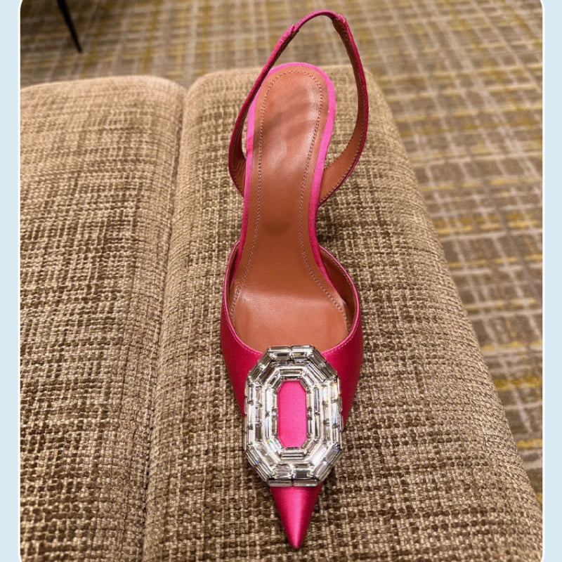 Rhinestone Toe Sandals Women's New Black Versatile Temperament Silk Pointed Toe Back Strap Stiletto Heels SHOWLU FASHION STORE