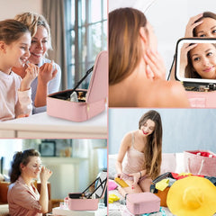 Makeup Bag with LED Mirror Travel Large Train Case Cosmetic Organizer Make Up Bags with 3 Color Lights and Adjustable Dividers