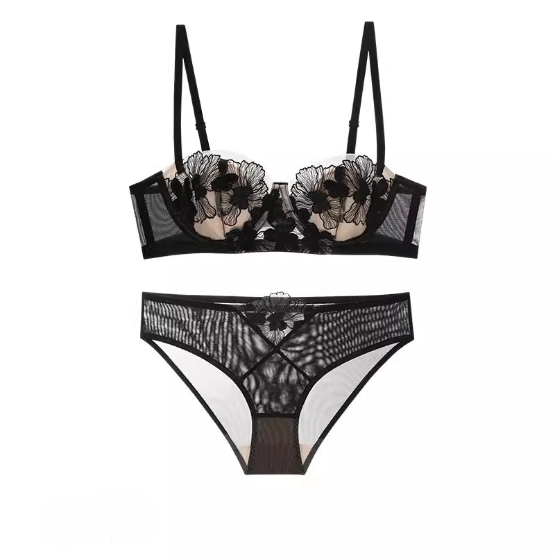 Rabbit Ears Big Chest Small Thin Bra French Underwear Soft Underwire Sexy European and American Embroidery Bra Set for Women SHOWLU FASHION STORE