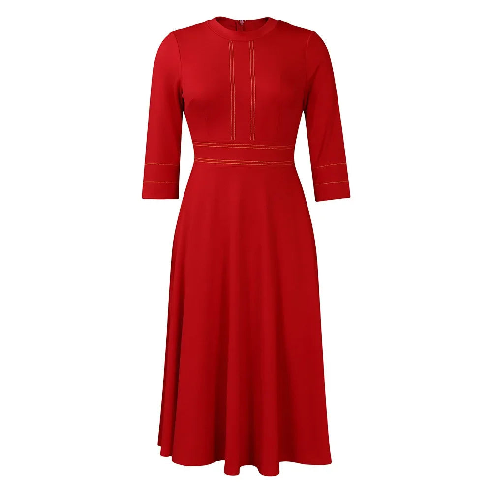 Ladies Spring New Temperament Slim-fit Dress, Solid Color Stand Collar Fashion Large Pendulum Seven Point Sleeve Dress Vestidos SHOWLU FASHION STORE
