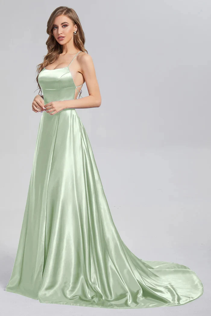 2024 New 3 Styles Simple Satin Bridesmaid Dress Cowl Neckline with Tieing Thin Straps Evening Dress Leg Slit  A-line Prom Dress SHOWLU FASHION STORE