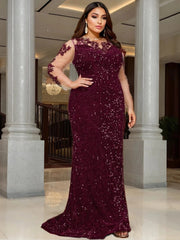O Neck Illusion Long Sleeve Evening Party Dress Lace Flowers Sequin Mesh Floor Length Prom Gown Elegant Women Plus Size SHOWLU FASHION STORE