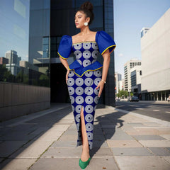 Africa Ankara Printed Women's Dress Short Sleeve Patchwork Square Neck Bubble Sleeve Split Dresses 2425186 SHOWLU FASHION STORE