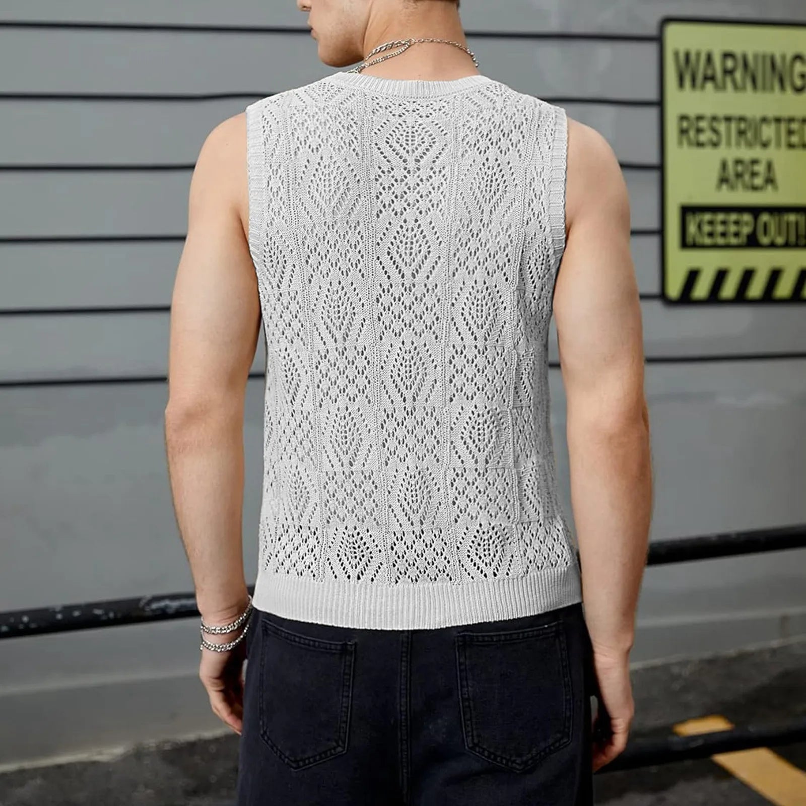 Beach Tops For Men Men'S Knitted Hollowed Out Vest Crew Neck Sleeveless Male Clothes With Designs Camiseta Sin Mangas Hombre SHOWLU FASHION STORE