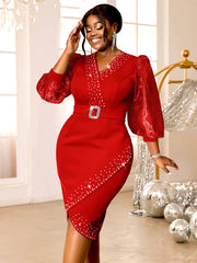 Luxury Red Evening Dress V-neck Bead Belt Mesh Lantern Long Sleeve Sexy Women's Party Classy Office Ladies Wedding Guest Gowns