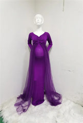Maternity Tulle Long Dresses Baby Shower Cotton Dress Stretchy Pregnancy Photography Dress with Cape Long Train