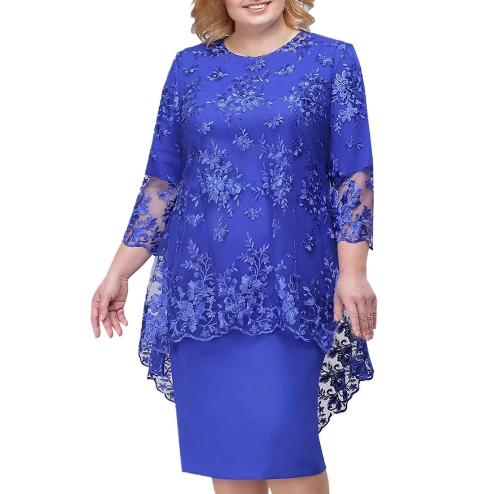 Women's Elegant Lace Embroidery Evening Dress Half Sleeve Knee-Length Round Neck Solid Temperment Dress For Middle-Age Women SHOWLU FASHION STORE