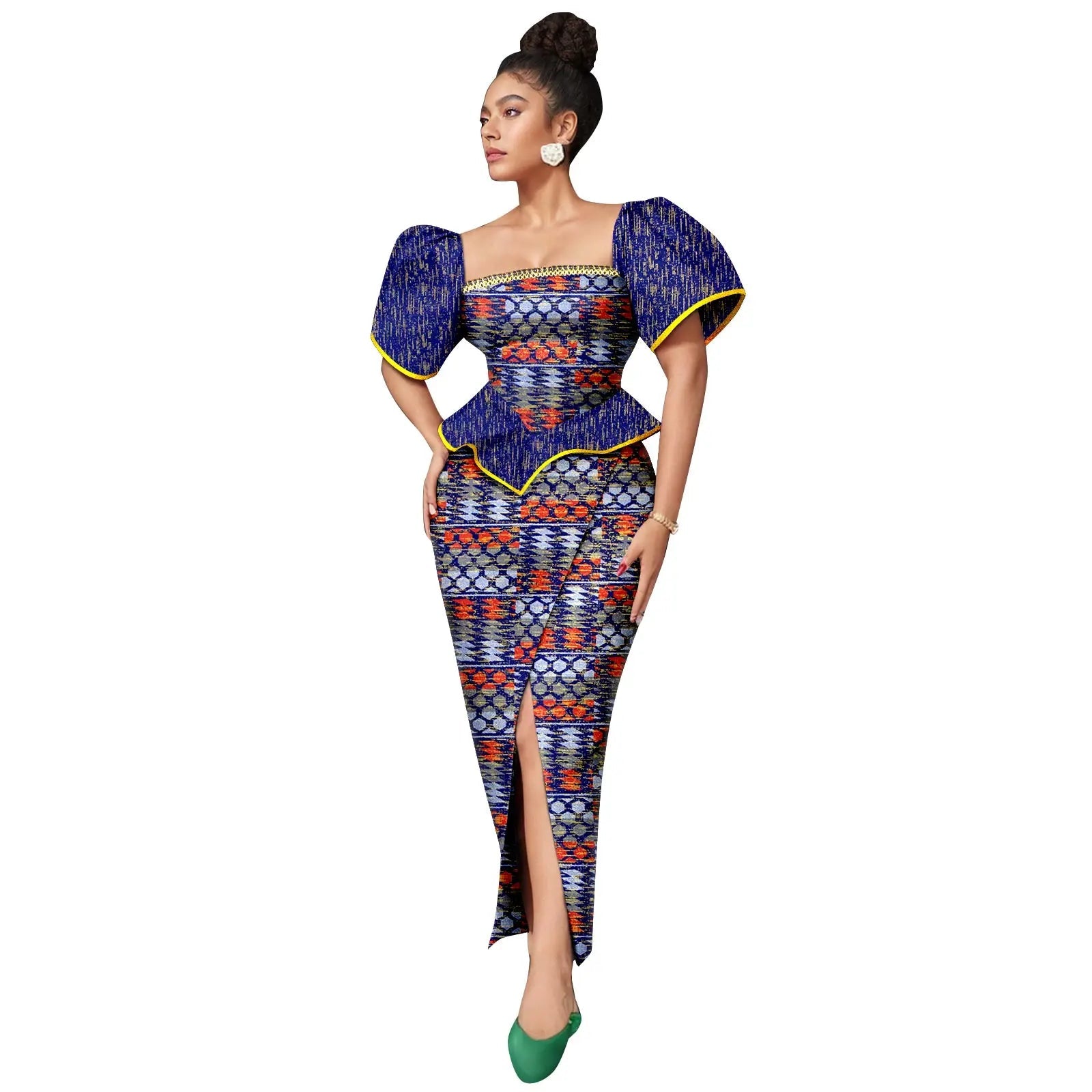 Africa Ankara Printed Women's Dress Short Sleeve Patchwork Square Neck Bubble Sleeve Split Dresses 2425186 SHOWLU FASHION STORE