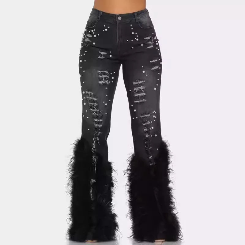 Fashion Women's Jeans Tassel Holes Vitnage Feather High Waist Y2K Streetwear Casual Denim Pant Spring Skinny Hollow Out Trousers SHOWLU FASHION STORE
