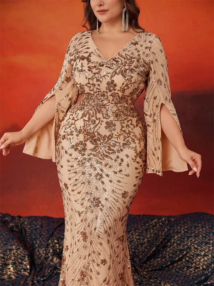 Lucyinlove Plus Size Luxury Gold Evening Dresses Women 2024 Long Sleeve Mermaid Formal Sequins Prom Wedding Party Cocktail Gowns SHOWLU FASHION STORE
