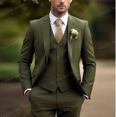 Army Green Business Suit Men Tuxedos Groom Groomsman Prom Wedding Party Formal 3 Piece Set Jacket Vest Pants