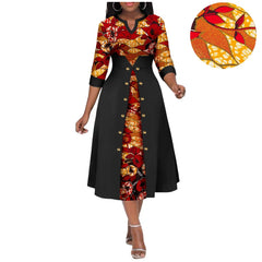 Africa Ankara Printed Fabric Women's Dress V Neck Sexy Double Hem Splicing Clash Color Model Skirt 2425190 SHOWLU FASHION STORE
