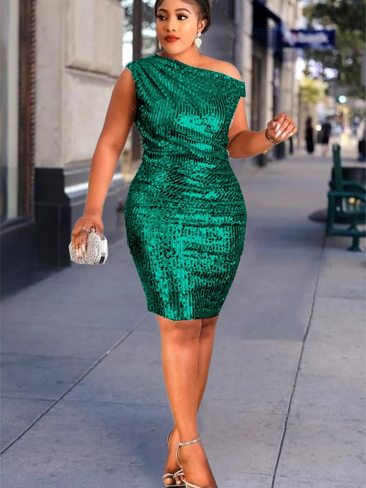 Sequin Dress Women Party Night Shiny Glitter Fashion Bodycon Prom Robe Large Size Sequins One Shoulder Quinceanera Gowns New In SHOWLU FASHION STORE
