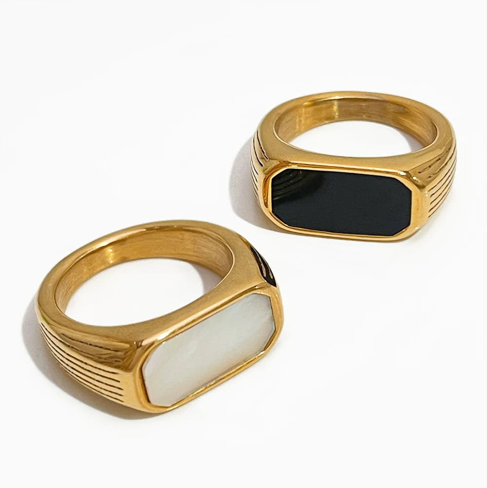 Peri'sBox Chunky Elegant Stainless Steel Gold Plated Rectangle Monther of Pearl Rings Jewelry Black Shell Finger Ring Unusual SHOWLU FASHION STORE