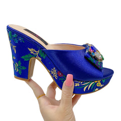 2023 Italian Designer Sandals Fashion Faux Embroidery Pattern Rhinestone Italian Design Ladies Wedding Shoes 10cm High Heels SHOWLU FASHION STORE