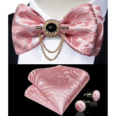 Pink Plaid Solid Men's Self Tie Bow Tie Silk Jacquard Woven Wedding Party Bowtie Hanky Brooch Set Men Butterfly Necktie DiBanGu SHOWLU FASHION STORE
