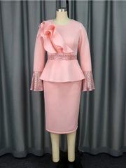 Church Dresses for Women Elegant Ruffles Long Flare Sleeves Sequined Party Bodycon Peplum Classy Occasion African Wedding Guest SHOWLU FASHION STORE