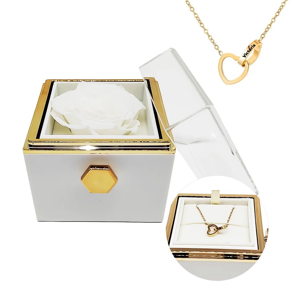 Rotating eternal rose engraved necklace valentines mother day gift box Engraved Interlocking Heart Necklace Eternal Rose Box SHOWLU FASHION STORE