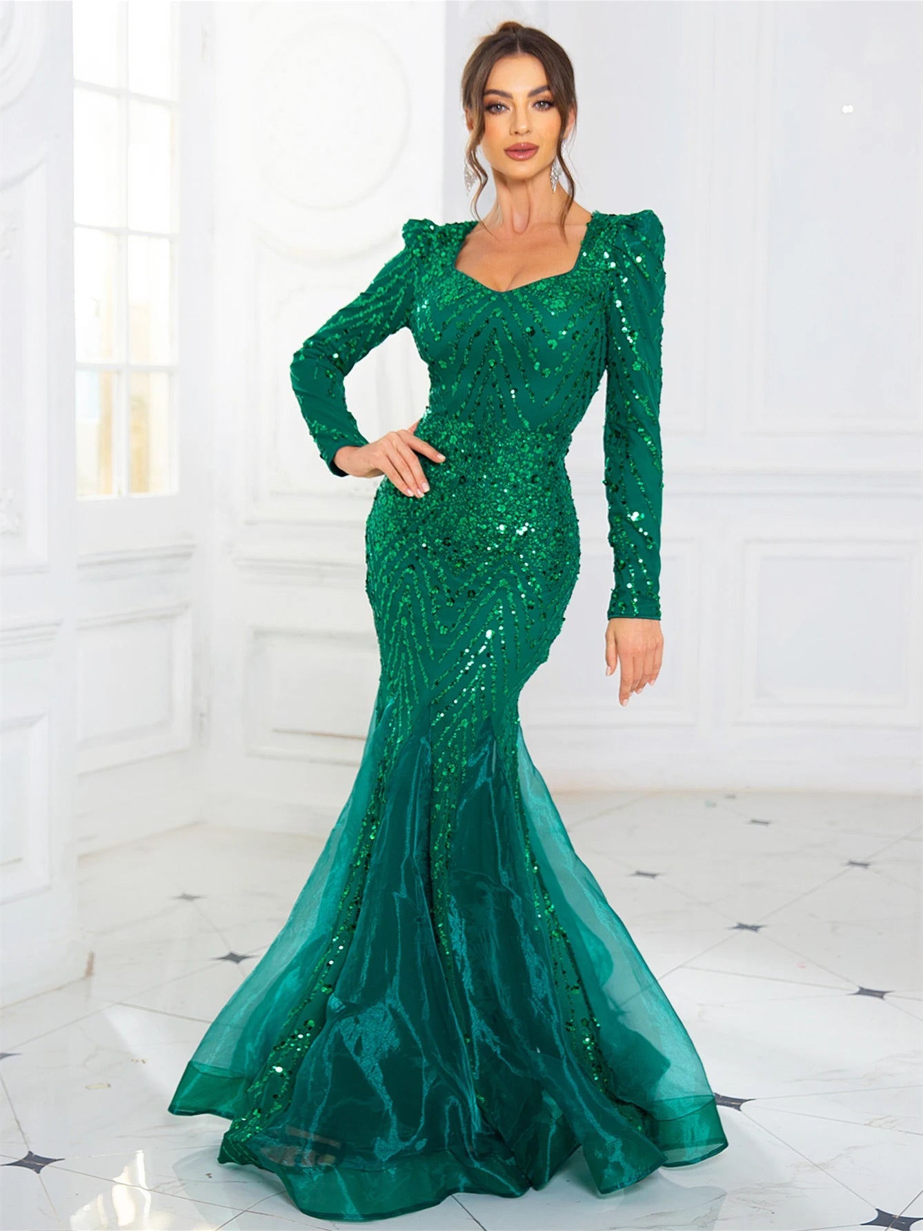 Romagic Long Sleeves Sweetheart Neck A Line Mesh Formal Evening Dress Floor Length Women Prom Party Dresses Winter SHOWLU FASHION STORE