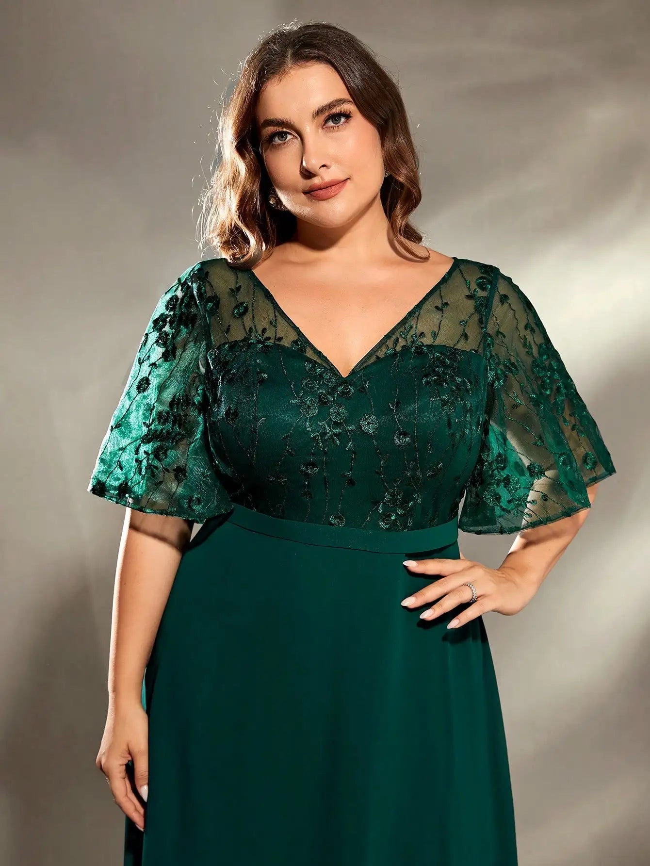 Mgiacy plus size V-neck See-through trumpet sleeve embroidered chiffon full skirt Evening gown Ball dress Party dress SHOWLU FASHION STORE
