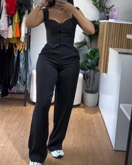 Elegant Women 2 Piece Thick Strap Button Front Slim Fit Tank Top and High Waist Wide Leg Pants Casual Outfit Set SHOWLU FASHION STORE