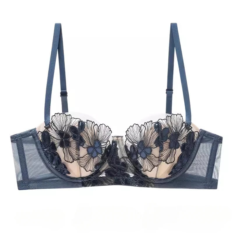 Rabbit Ears Big Chest Small Thin Bra French Underwear Soft Underwire Sexy European and American Embroidery Bra Set for Women SHOWLU FASHION STORE