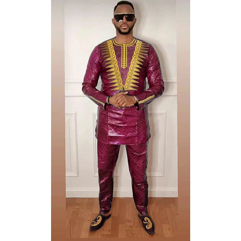 H&D New African Clothes for Men Tradition Clothing Embroidery Blue 2 Pcs Set Top Pant Bazin Muslim Wedding Party Dashiki