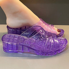 Transparent Jelly Slippers Women's Summer Wedged Heel Mules Shoes Woman Sparkling Glitter Sandal Open Toe Outdoor Clear Slipper