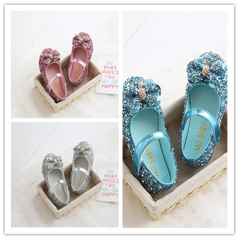 Fashion Girls Shoes Kids Flats Shoes Sequins Rhinestone Princess With Butterfly-Knot Flats Shoes For Students SHOWLU FASHION STORE