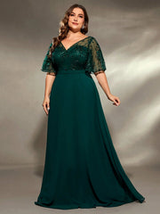 Mgiacy plus size V-neck See-through trumpet sleeve embroidered chiffon full skirt Evening gown Ball dress Party dress SHOWLU FASHION STORE