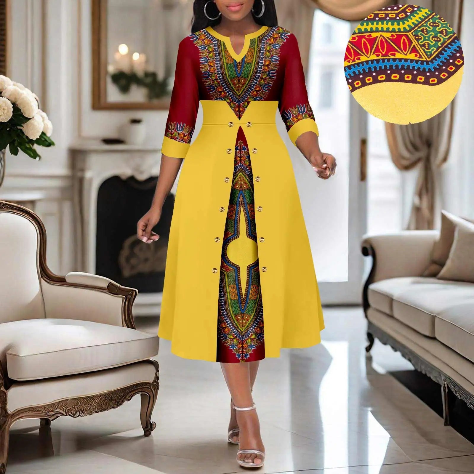 Africa Ankara Printed Fabric Women's Dress V Neck Sexy Double Hem Splicing Clash Color Model Skirt 2425190 SHOWLU FASHION STORE