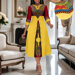 Africa Ankara Printed Fabric Women's Dress V Neck Sexy Double Hem Splicing Clash Color Model Skirt 2425190 SHOWLU FASHION STORE