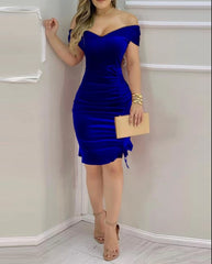 Female Glitter Off Shoulder Velvet Elegant Party Dress Temperament Fashion Women's Clothes Drawstring Glamorous Sexy Dresses
