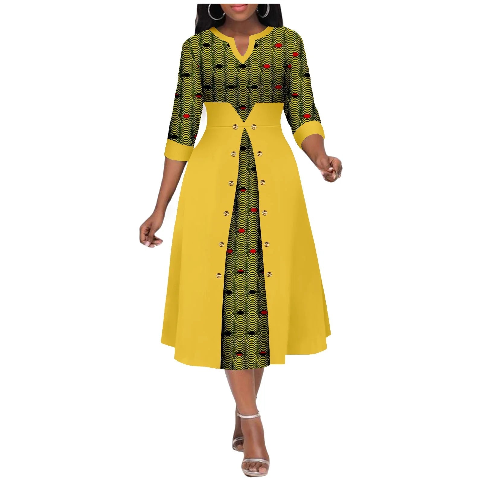 Africa Ankara Printed Fabric Women's Dress V Neck Sexy Double Hem Splicing Clash Color Model Skirt 2425190 SHOWLU FASHION STORE