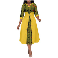 Africa Ankara Printed Fabric Women's Dress V Neck Sexy Double Hem Splicing Clash Color Model Skirt 2425190 SHOWLU FASHION STORE