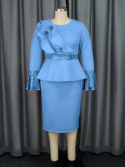 Church Dresses for Women Elegant Ruffles Long Flare Sleeves Sequined Party Bodycon Peplum Classy Occasion African Wedding Guest SHOWLU FASHION STORE