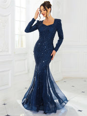 Romagic Long Sleeves Sweetheart Neck A Line Mesh Formal Evening Dress Floor Length Women Prom Party Dresses Winter SHOWLU FASHION STORE