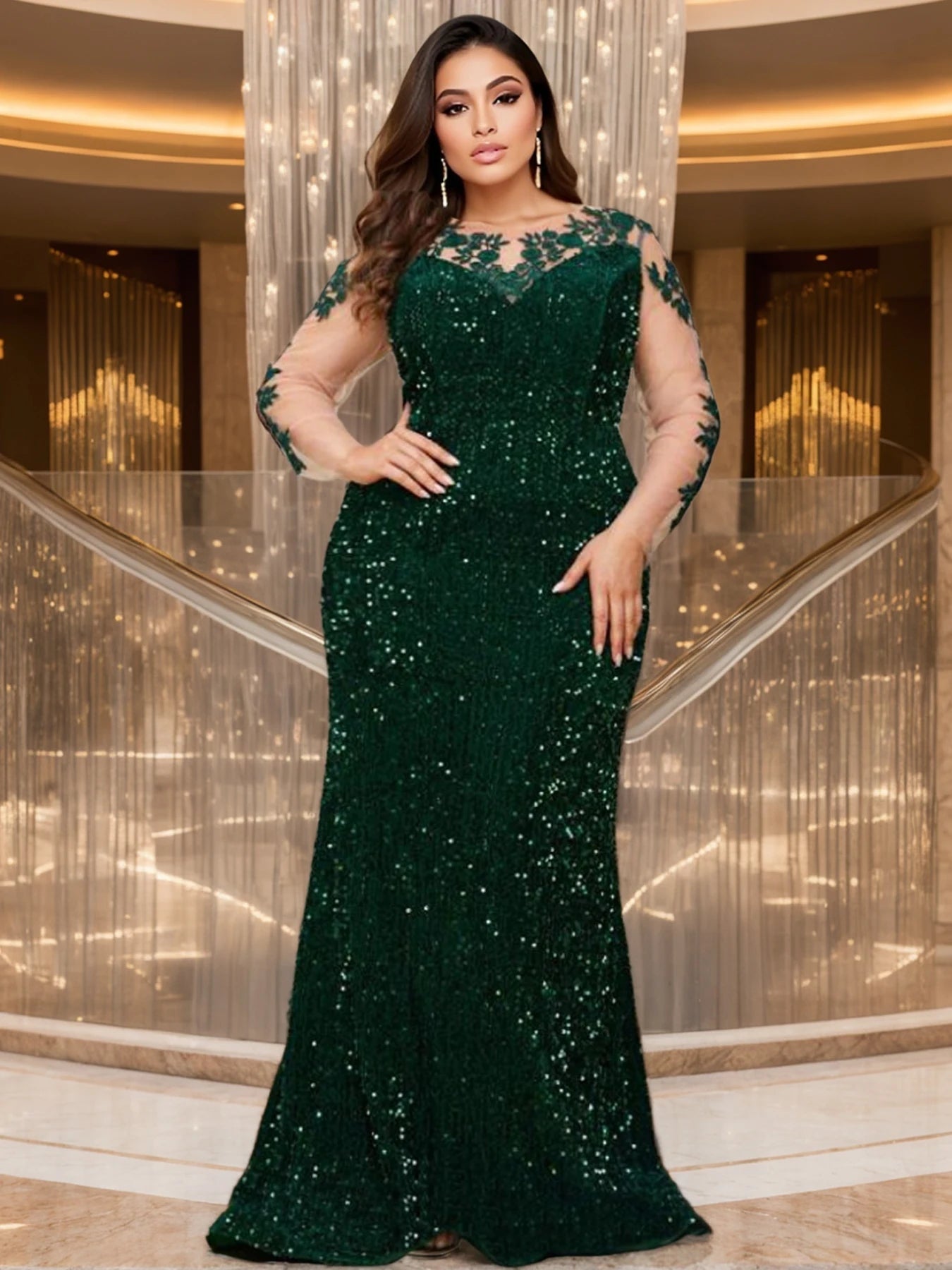 Blue O Neck Sequin Formal Evening Dress Long Sleeves See-through Mesh Stretchy Floor Length Women Party Elegant Wedding Dresses SHOWLU FASHION STORE