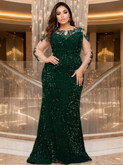 Blue O Neck Sequin Formal Evening Dress Long Sleeves See-through Mesh Stretchy Floor Length Women Party Elegant Wedding Dresses SHOWLU FASHION STORE